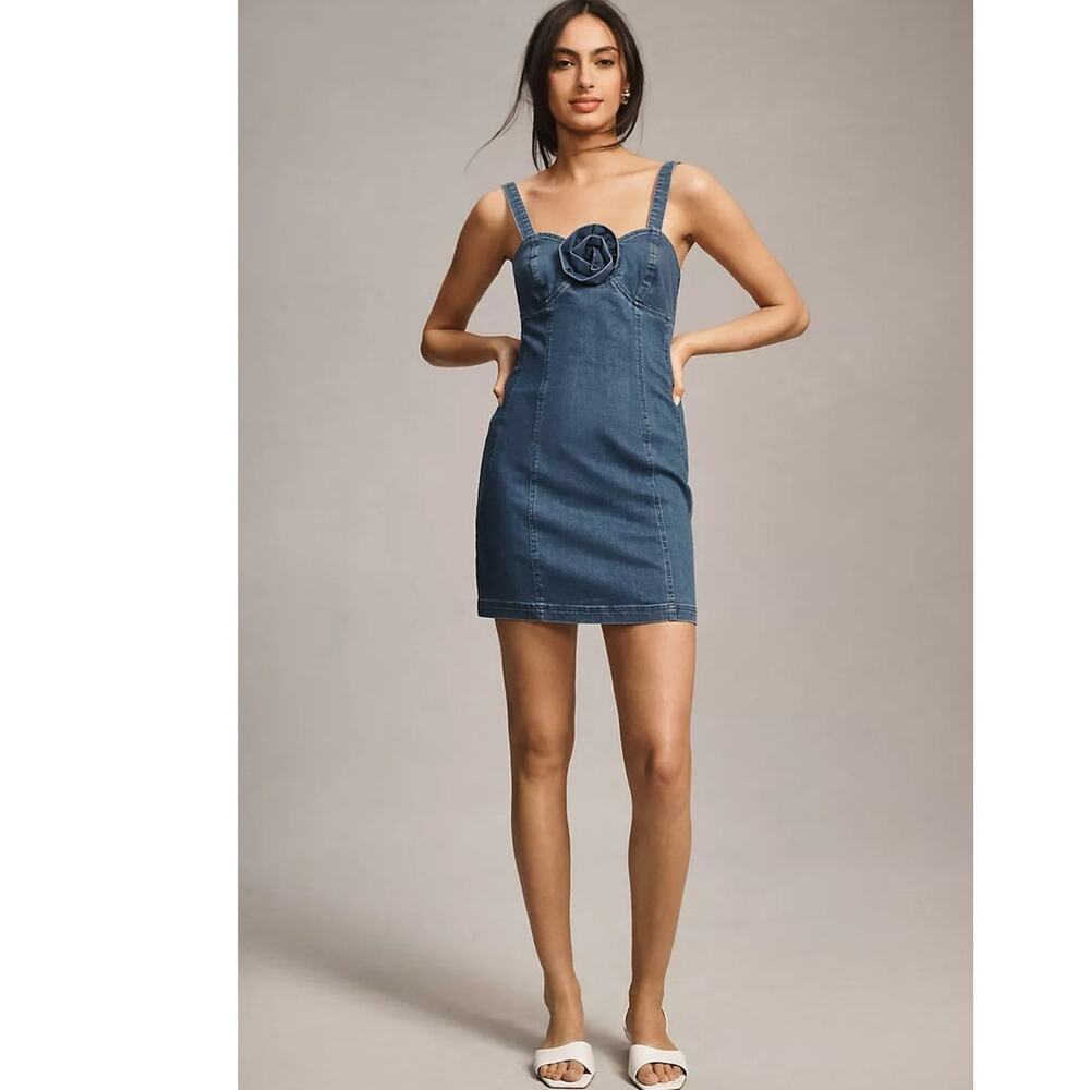 NWT Anthropologie Porridge Rosette Denim Slim Mini Dress $158 XXS Blue Stretchy